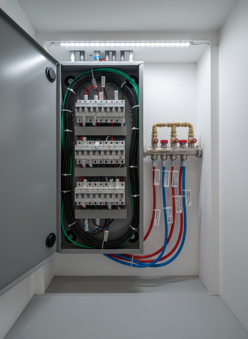 A precise, photographic-realistic close-up of an electrical distribution panel and adjacent plumbing manifold in a small, dedicated service niche. The panel door is open to reveal perfectly arranged breakers, clearly labeled circuits, and neatly bundled, color-coded cables entering through grommeted knockouts. Next to it, a stainless-steel manifold distributes hot and cold water through insulated PEX lines, each tagged with crisp identification labels. The walls are painted a clean, matte white; the floor is smooth, light-grey epoxy. Cool, even LED lighting from above creates distinct yet soft shadows that accentuate the order and craftsmanship. Captured at eye level with moderate depth of field to keep all labels legible, the mood is controlled, reliable, and technically rigorous, illustrating the MEP engineer’s attention to detail in hidden but critical building infrastructure.