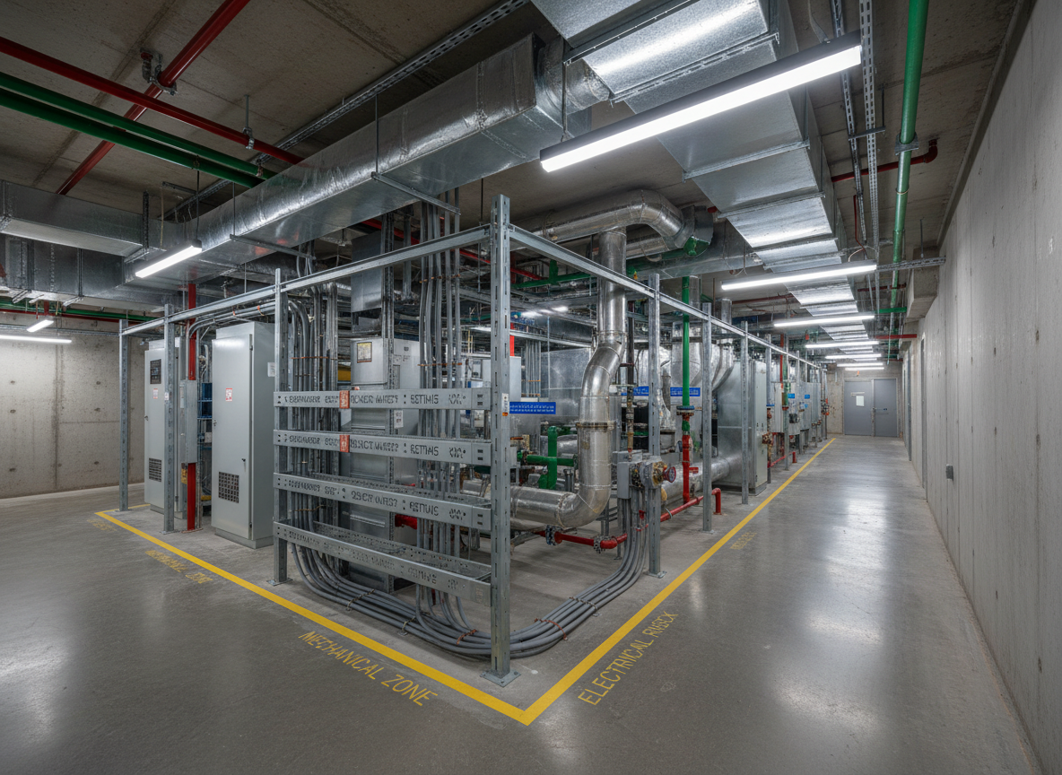 A meticulously detailed cutaway of a modern commercial building core, revealing Mechanical, Electrical, and Plumbing systems woven together in perfect coordination. Silver galvanized ductwork, insulated chilled water pipes with blue labels, and hot water lines with red markings run alongside neatly bundled electrical conduits and LED lighting cable trays. The environment is a pristine, unfinished concrete service corridor with clearly marked equipment zones. Cool, even artificial lighting from linear LED fixtures casts crisp, clean shadows and highlights the orderliness of the installation. Shot in photographic realism from a slightly elevated, wide-angle perspective, with sharp focus across the frame, the mood is precise, professional, and technically impressive, emphasizing safety, organization, and engineering excellence for an MEP design firm homepage hero image.