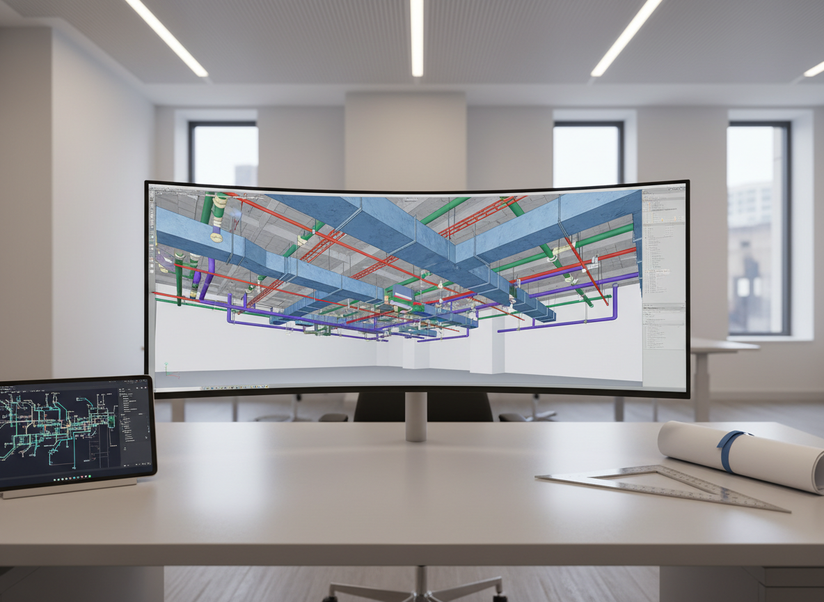 A highly detailed MEP engineering coordination workspace featuring a large, ultra-wide monitor displaying a 3D BIM model of an office floor’s ceiling void filled with ductwork, cable trays, and plumbing lines, each distinctly color-coded. The monitor stands on a spotless, light grey desk with rolled technical drawings, a digital tablet showing schematic diagrams, and a precise metal scale ruler. The setting is a modern, minimalistic office with white walls and subtle acoustic ceiling panels. Neutral, diffused artificial lighting from recessed fixtures creates soft reflections on the monitor and desk surface without glare. Photographic realism at an eye-level composition with a shallow depth of field keeps the BIM model in sharp focus and the background gently blurred, evoking a calm, focused, high-tech engineering atmosphere.