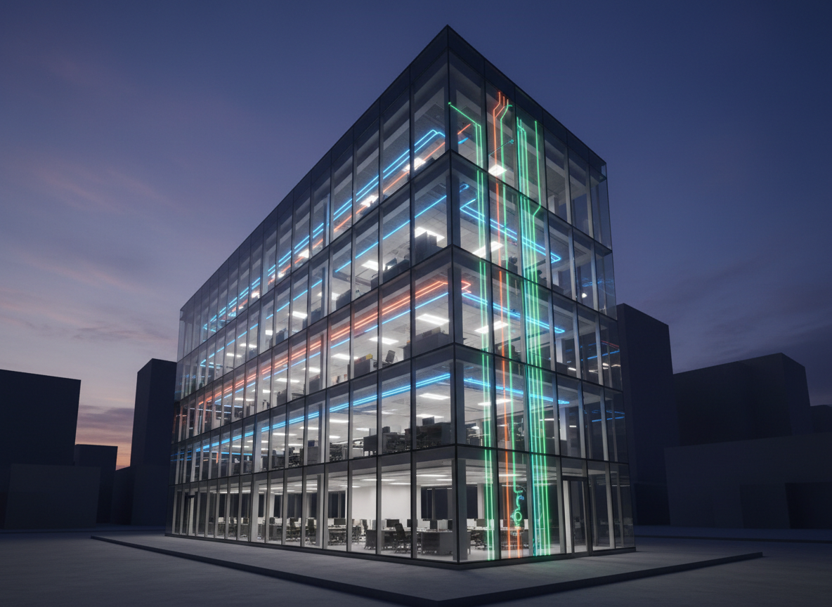A sleek, glass-fronted mid-rise office building at dusk, its façade subtly transparent to reveal color-coded MEP system overlays: glowing blue lines for chilled water, warm orange paths for electrical distribution, and green routes for plumbing risers. The building is set in a clean urban business district with minimal surrounding detail to keep focus on the systems. Soft twilight sky provides a deep blue backdrop while interior LED lighting creates a gentle, even glow from within. The overlays appear semi-holographic, hovering just above the real structure. Captured in photographic realism from a low-angle, three-quarter view, the composition uses the rule of thirds to convey innovation, sustainability, and the invisible intelligence of coordinated MEP engineering.