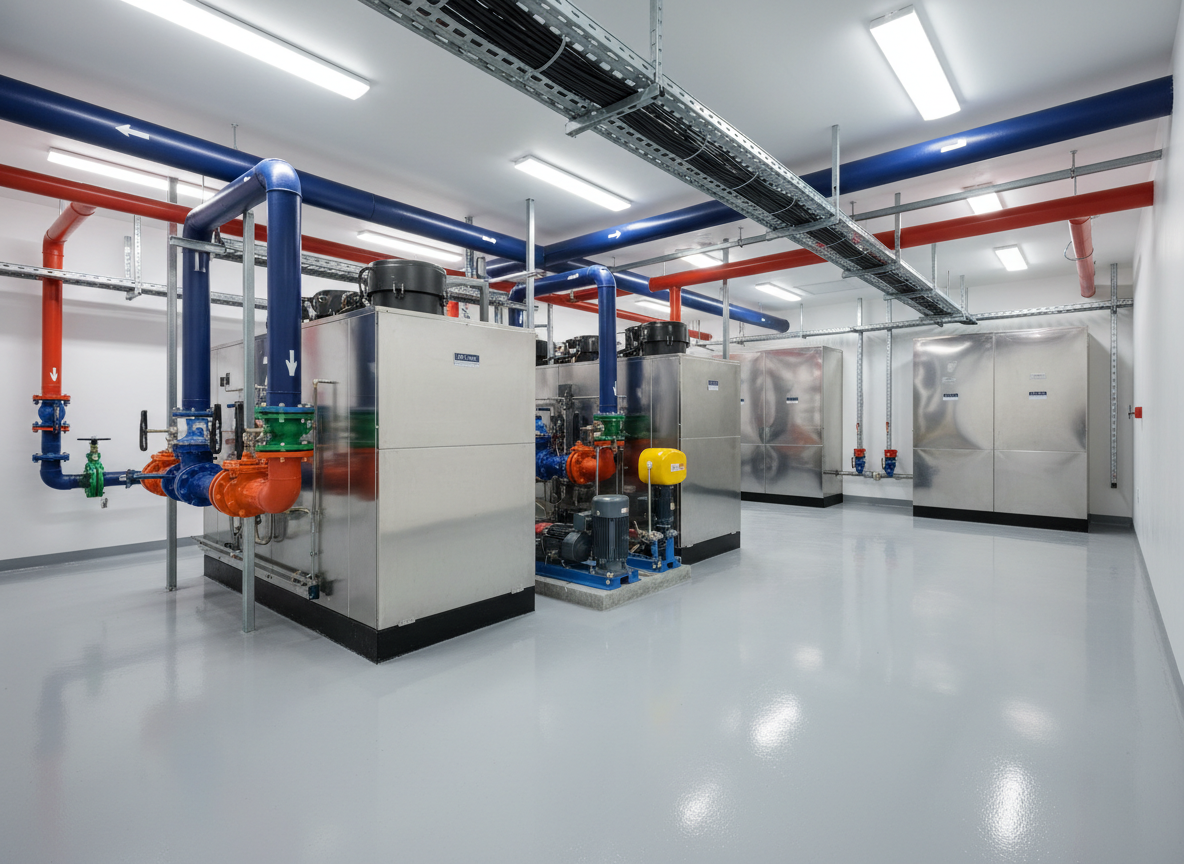 A brightly lit, meticulously organized mechanical room housing high-efficiency HVAC equipment: gleaming stainless-steel chillers, insulated supply and return pipes with clear directional arrows, color-coded valves, and large, smooth-sheet metal air handling units. The pumps and expansion tanks are painted in rich primary colors for easy identification, and cable trays for power and controls run neatly overhead. The room’s epoxy-coated light grey floor reflects the crisp white of the walls. Uniform, cool-white LED lighting from ceiling fixtures produces clean, shadow-free illumination. Captured in photographic realism at a slightly low, wide-angle viewpoint to emphasize scale and clarity of layout, the mood is orderly, safe, and state-of-the-art, underlining the MEP engineer’s role in creating efficient, maintainable building systems.