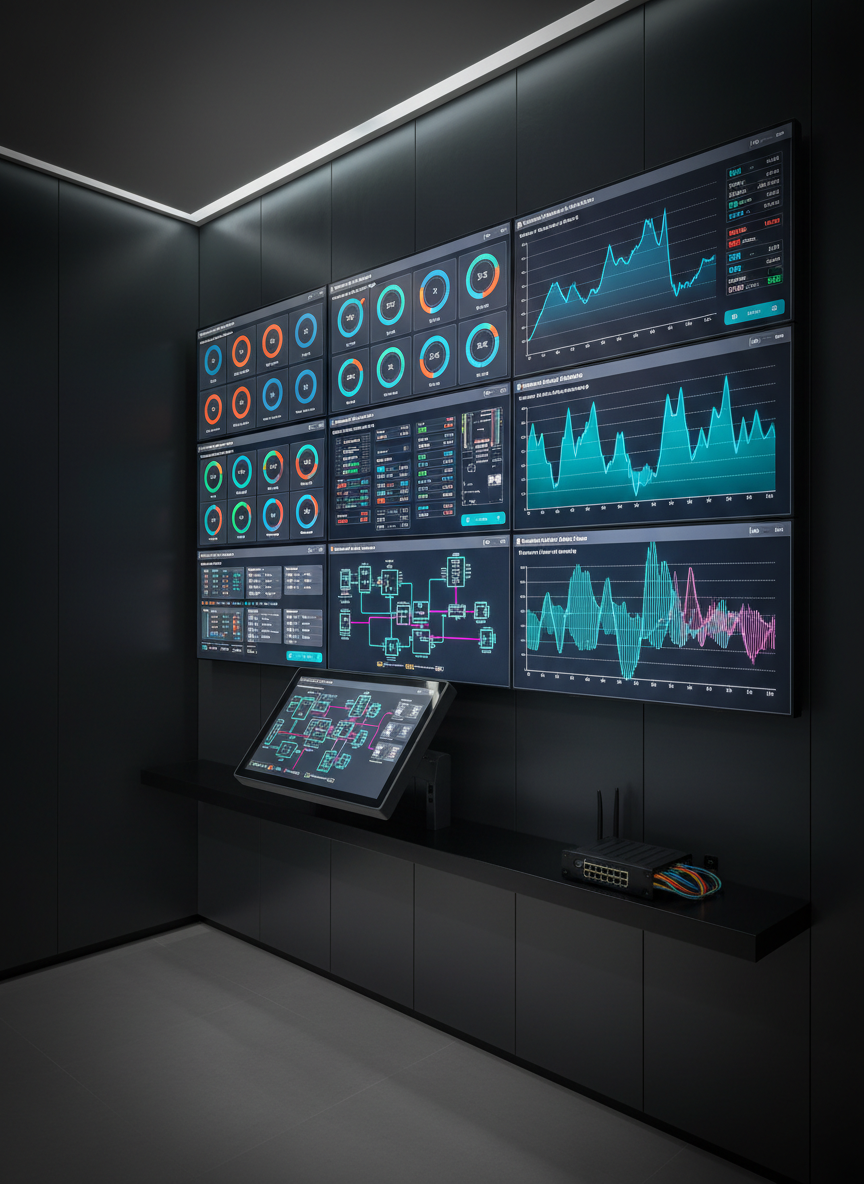 A high-tech MEP control and monitoring room focused on a large wall-mounted display filled with colorful dashboards: HVAC zone temperatures, electrical load curves, and domestic water usage graphs updating in real-time. Below, a compact console holds an industrial-grade touchscreen showing a detailed building automation system schematic with interconnected air handlers, pumps, and sensors. The room has dark, matte wall panels and a minimal, floating shelf with a single ruggedized router and labeled network cabling. Discreet, cool-white indirect LED lighting washes the walls, allowing the bright screens to become the primary visual focus. Photographic realism, shot from a slightly elevated, three-quarter angle, with a subtle vignette around the edges, creates a focused, futuristic, yet calm atmosphere, underscoring the role of smart controls in modern MEP engineering.